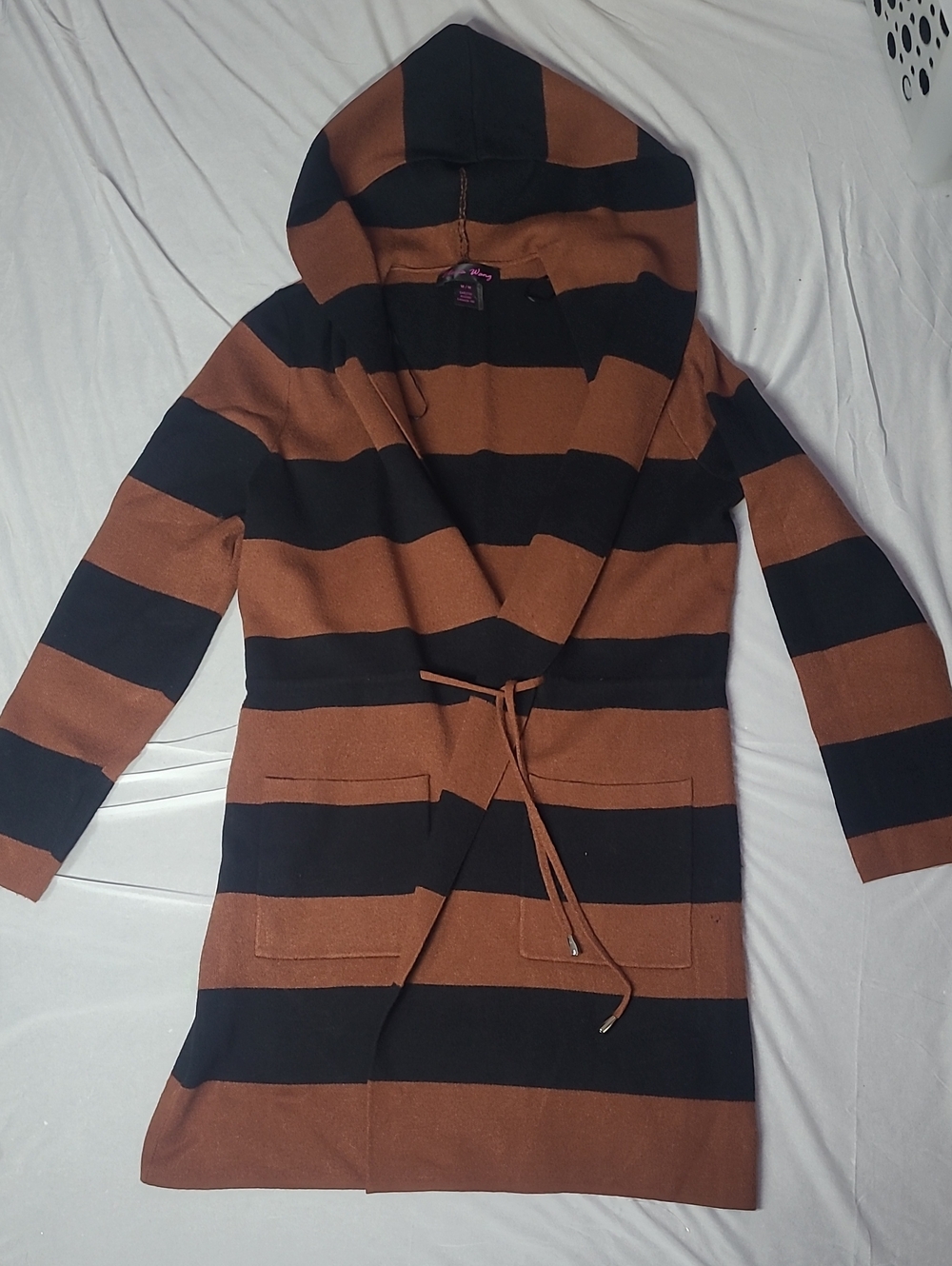 Elena Wang Hooded Striped Wrap Trench Coat - Black & Brown